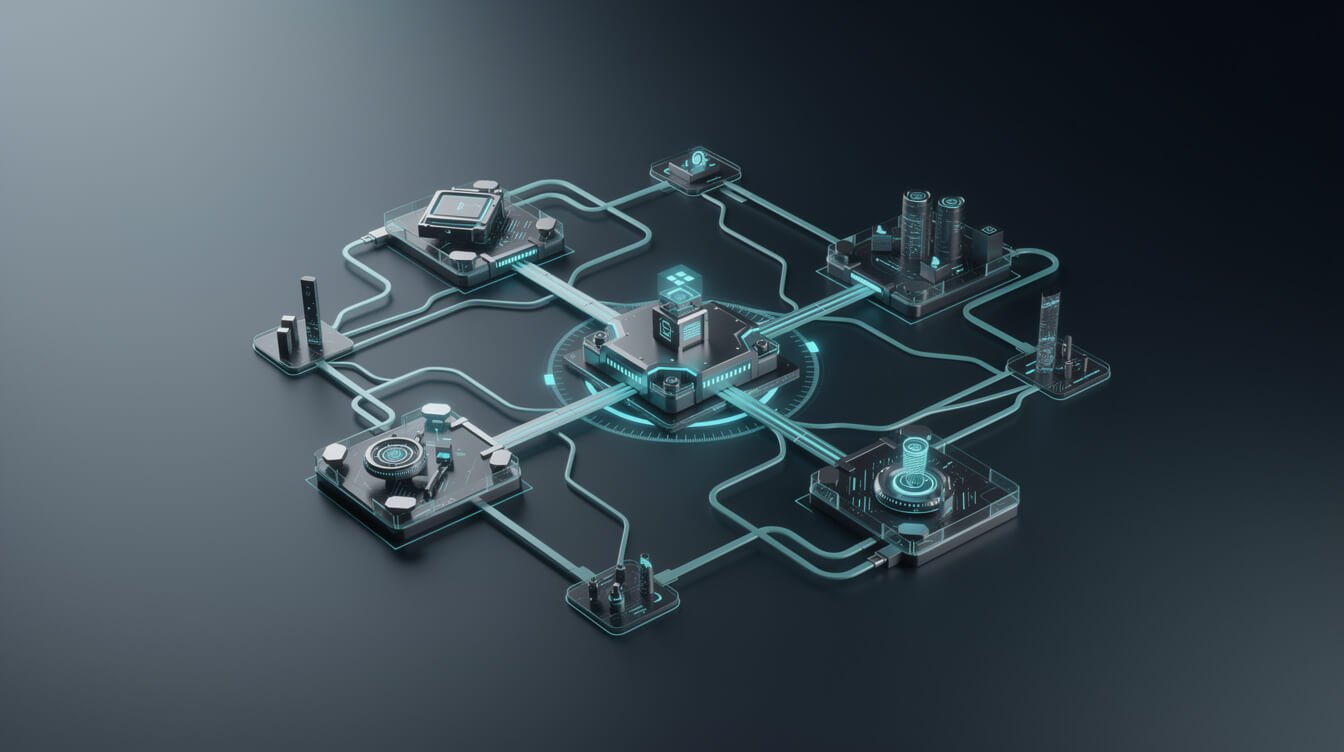A node graph wiring separate AI tools into one connected system