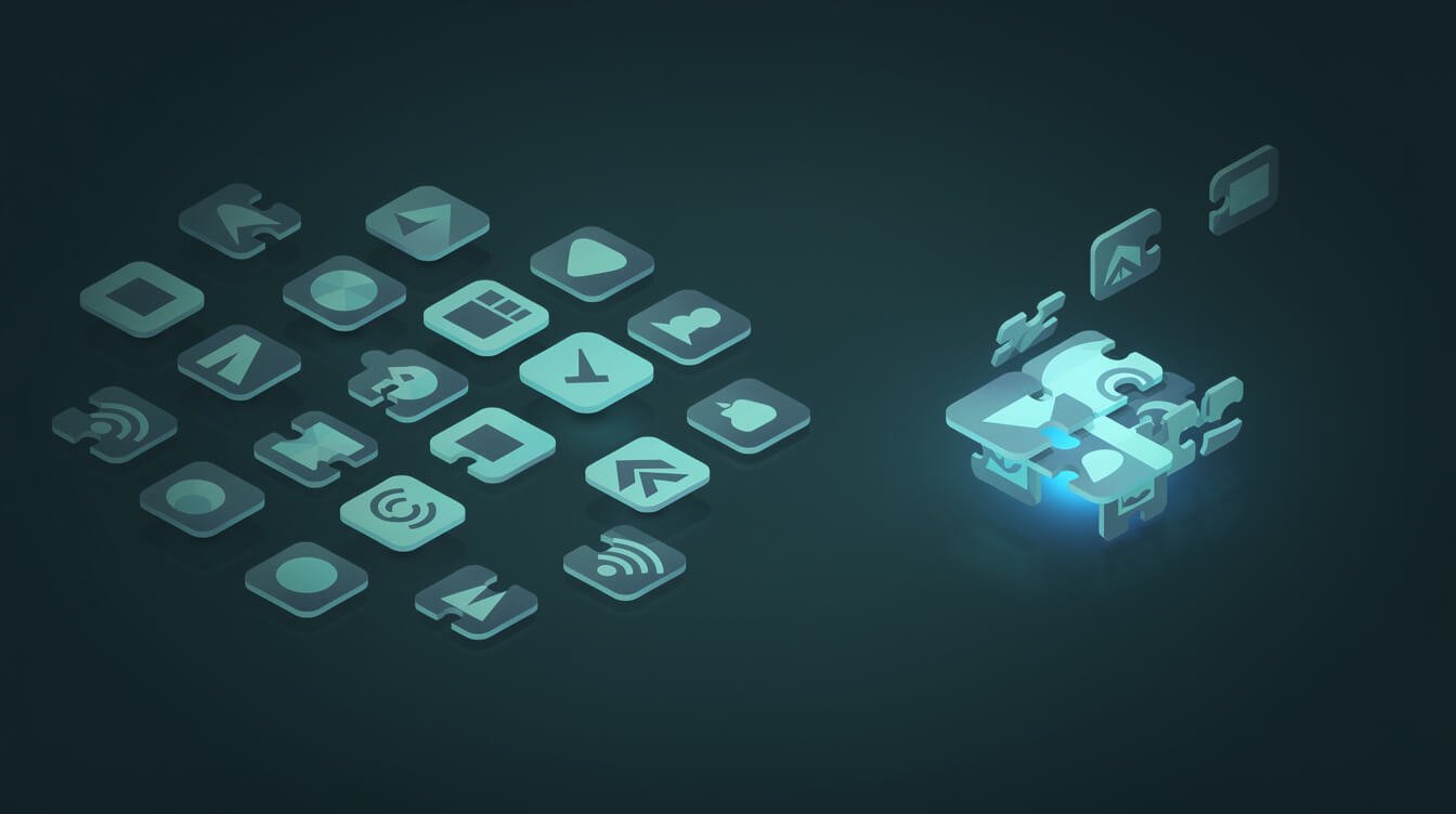 ai tools for business shown as disconnected app icons snapping into one system