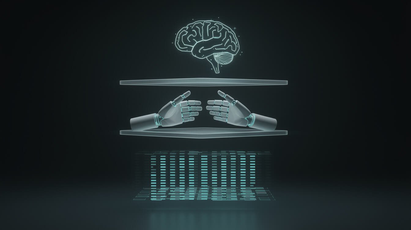 three glowing layers representing brain, hands and memory of an AI business stack