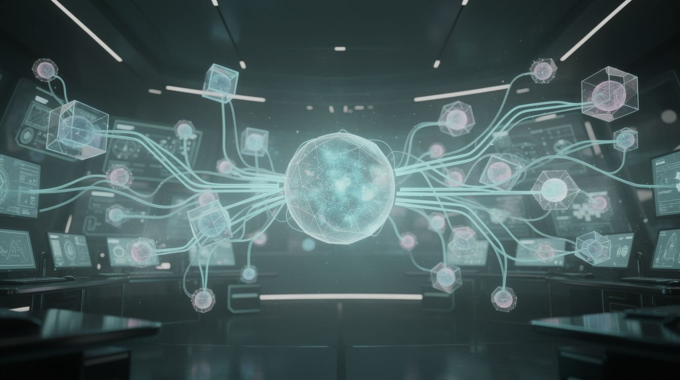 central AI agent node branching into automated task nodes in a control room