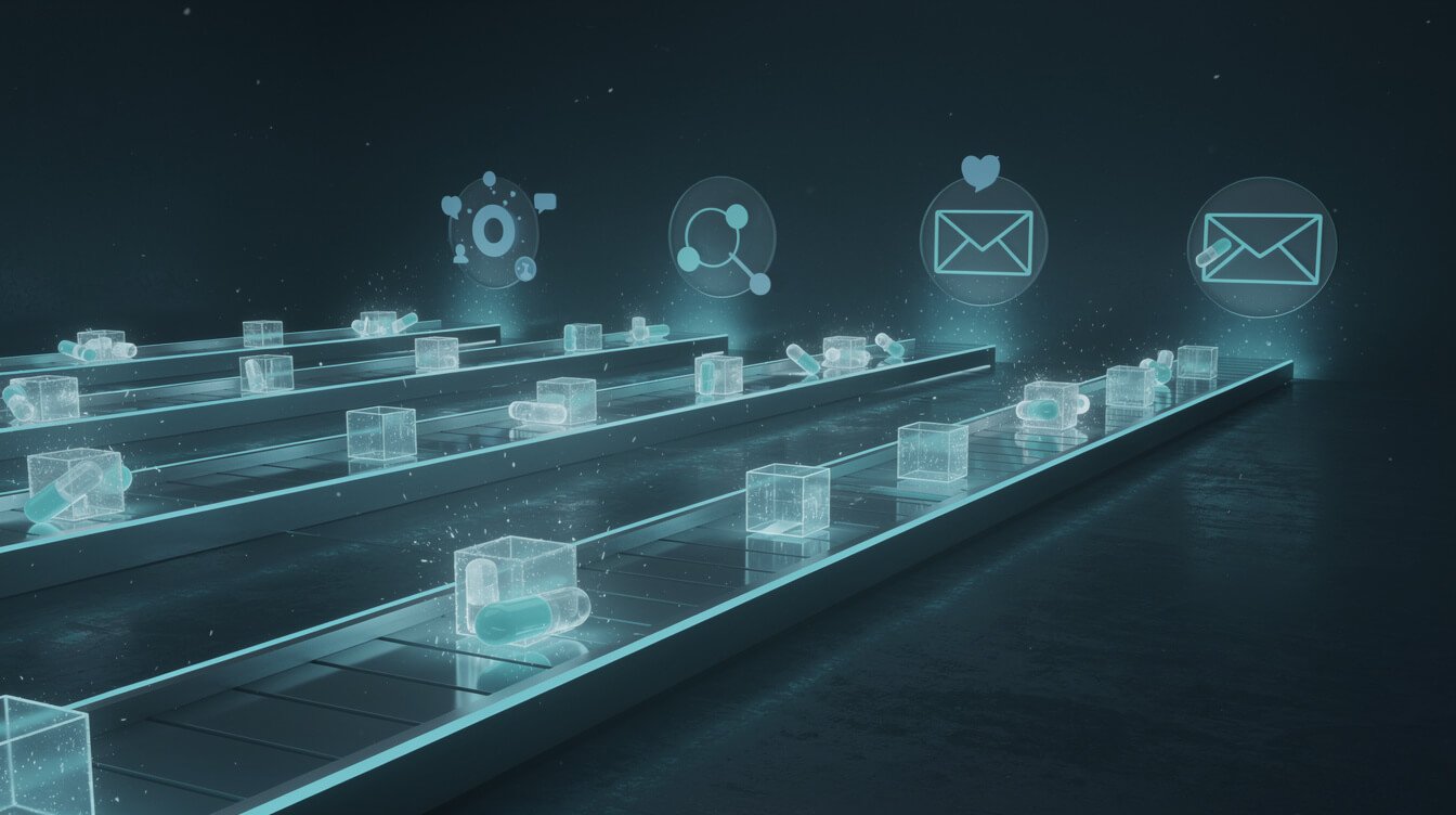 automated content and communications pipeline moving data toward social and email nodes