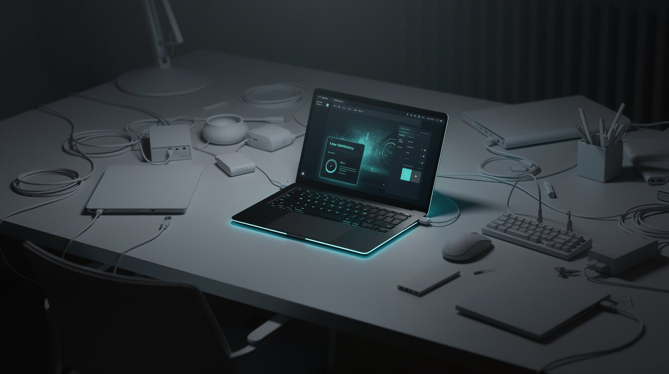 a curated tech stack with some tools glowing and others greyed out and set aside
