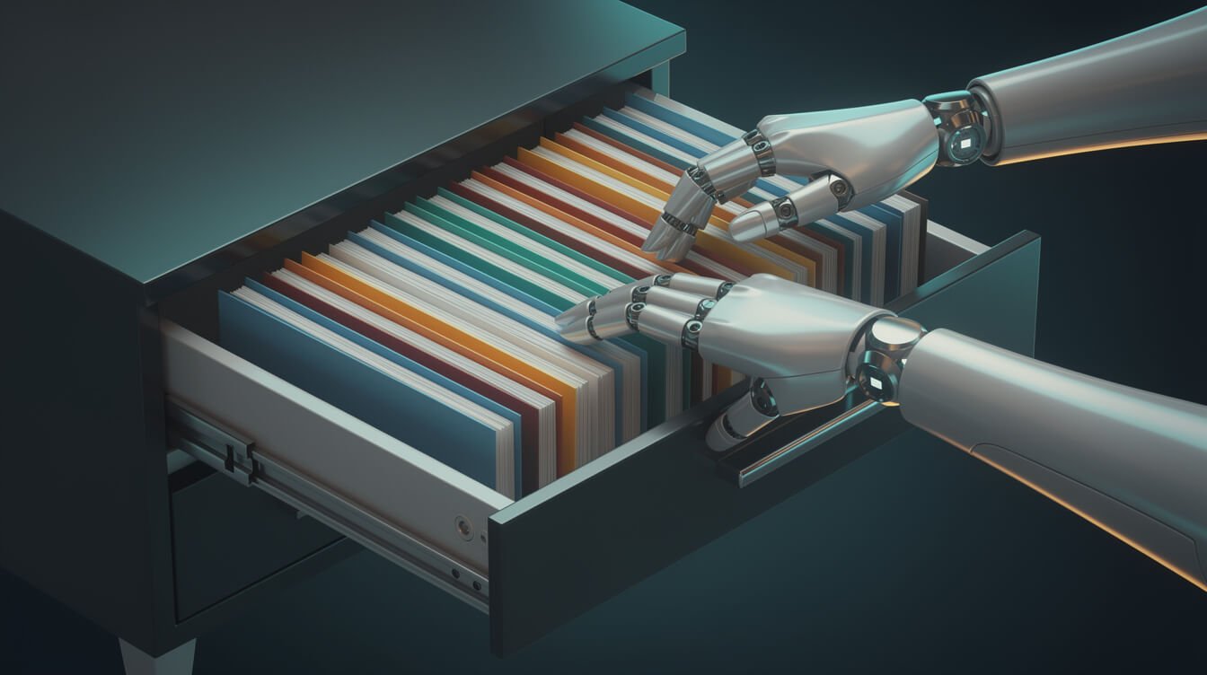 robotic hands reaching into an organized filing cabinet