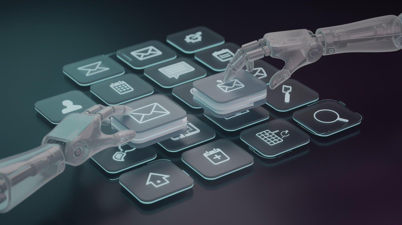 Glowing task cards for email, invoices and research handled by an AI agent