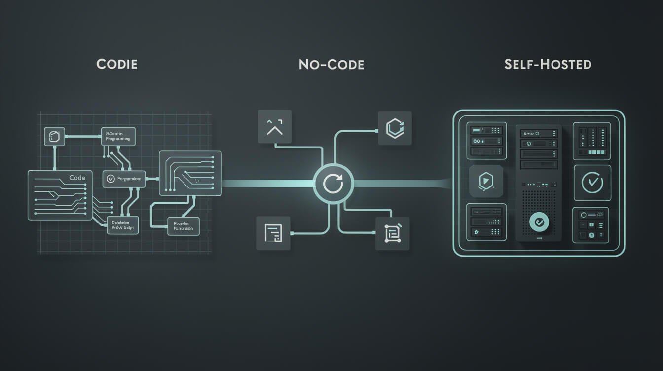 branching automation paths: code, no-code, and self-hosted