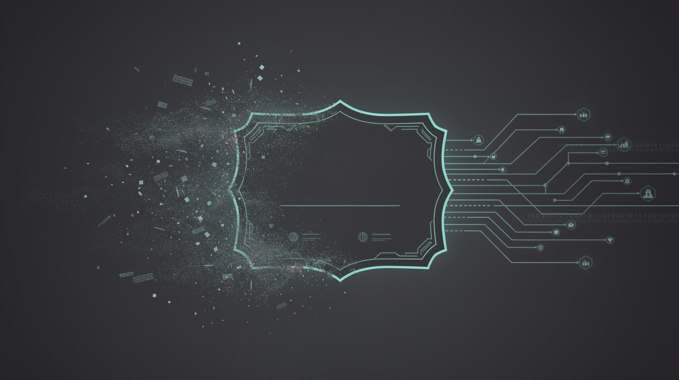 A certificate badge dissolving beside a solid running system diagram