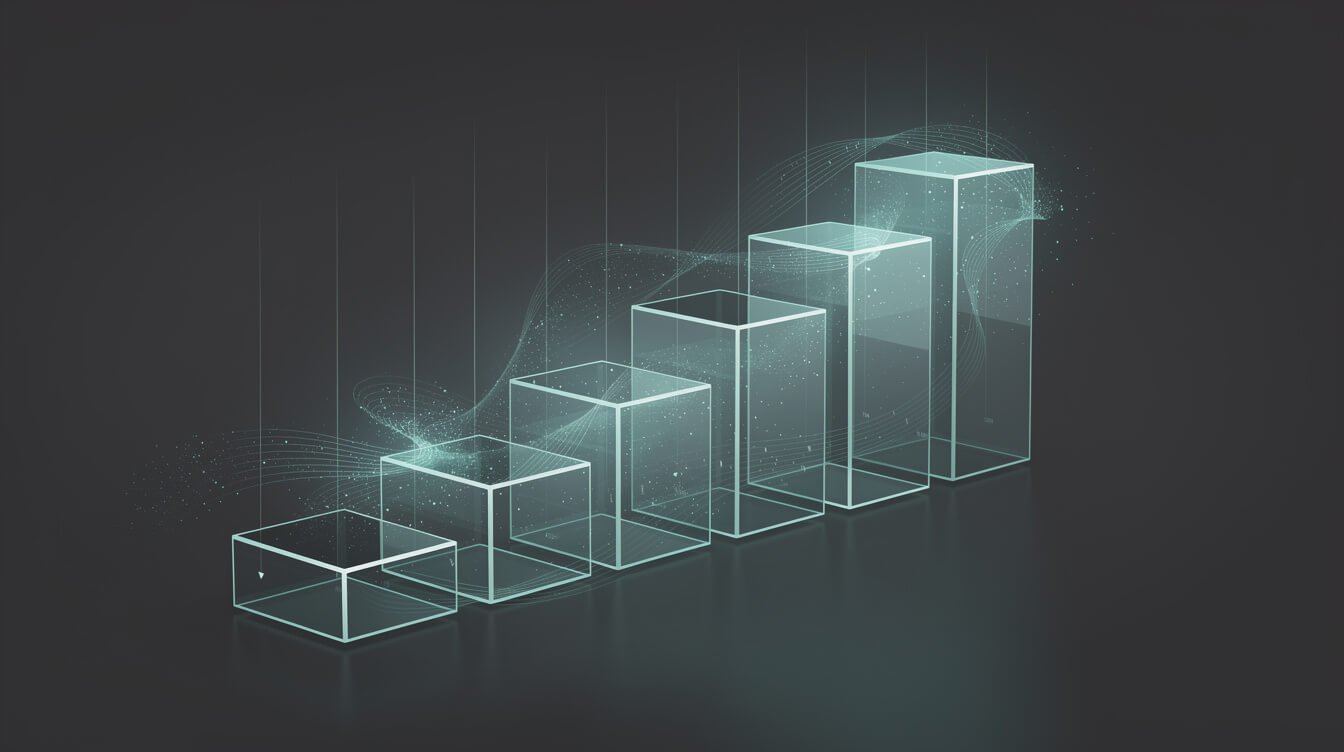 Abstract pricing tiers rising against a vertical scale of light