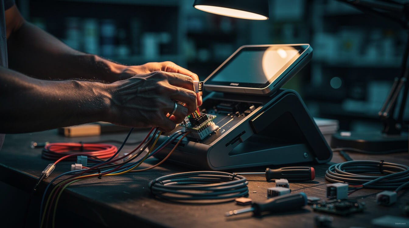 Hands wiring a point-of-sale terminal, one of the narrow cases where local presence matters