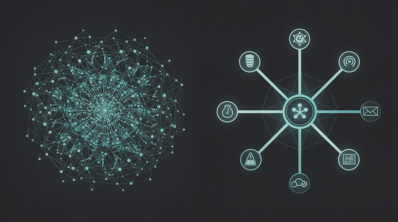 Two contrasting network topologies, a dense hub and a single direct node