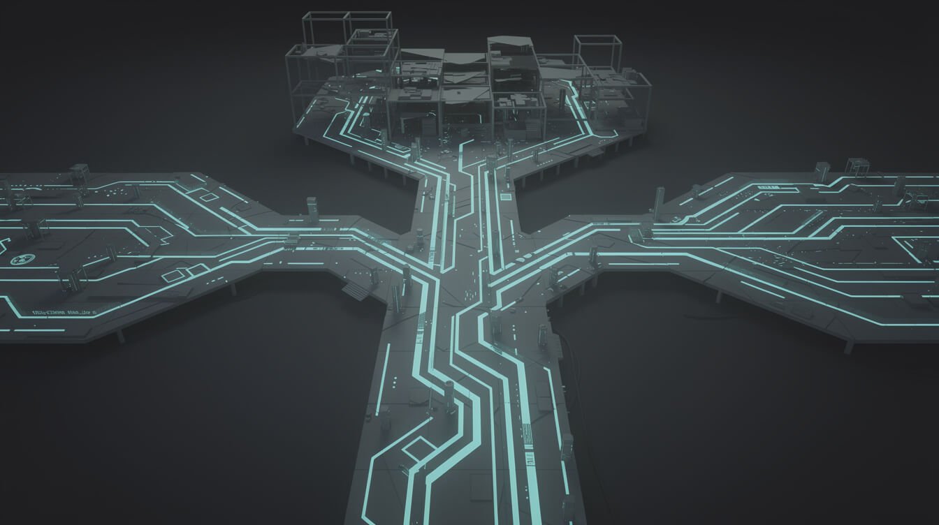 A decision fork in a circuit path with three branches closing and one continuing