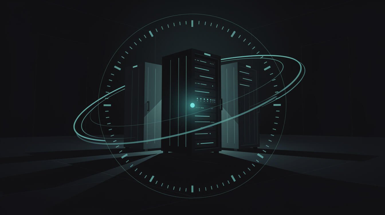 A dark server room with one light on, representing agents running unattended on cron