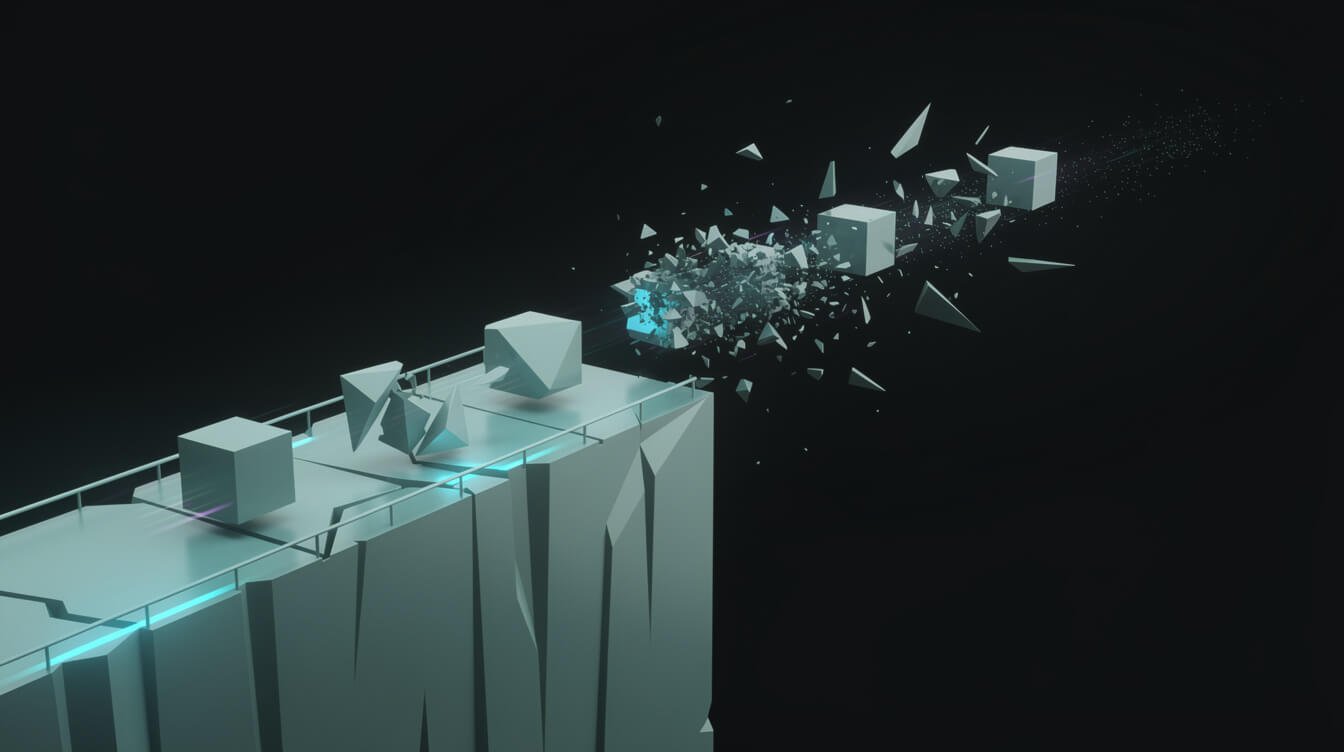 Configuration blocks crossing a bridge, some intact and some fragmenting