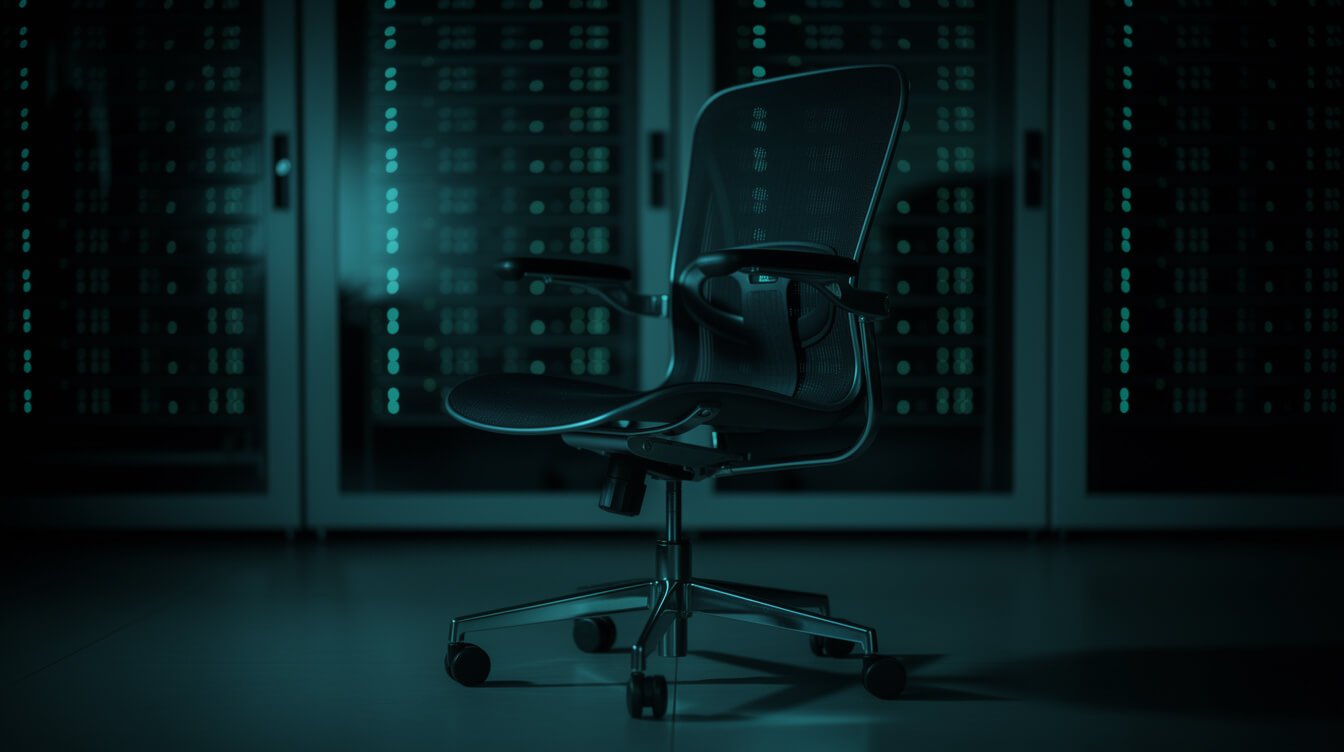 An empty chair while server lights blink unattended at night