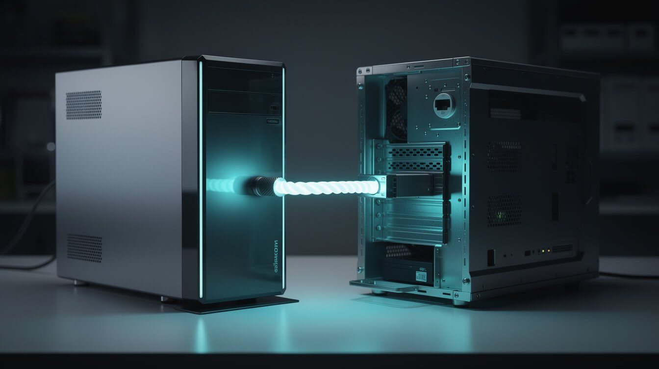 A desktop unit and a rack server working in tandem
