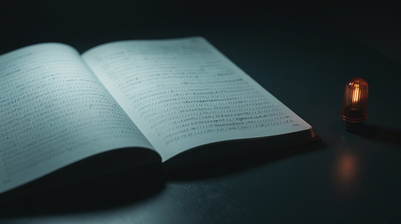 ai agents learn from mistakes — a ledger with the same line repeated on every row beside an unlit indicator lamp