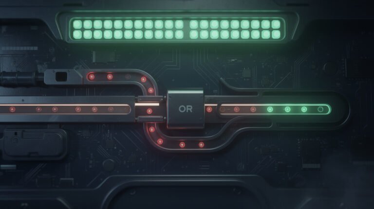 Technical schematic of a logic gate where red failure indicators are routed through a permissive bypass path and emerge as green status lights