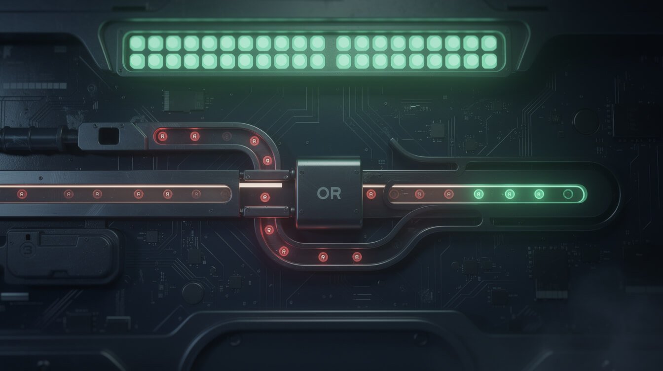 Technical schematic of a logic gate where red failure indicators are routed through a permissive bypass path and emerge as green status lights