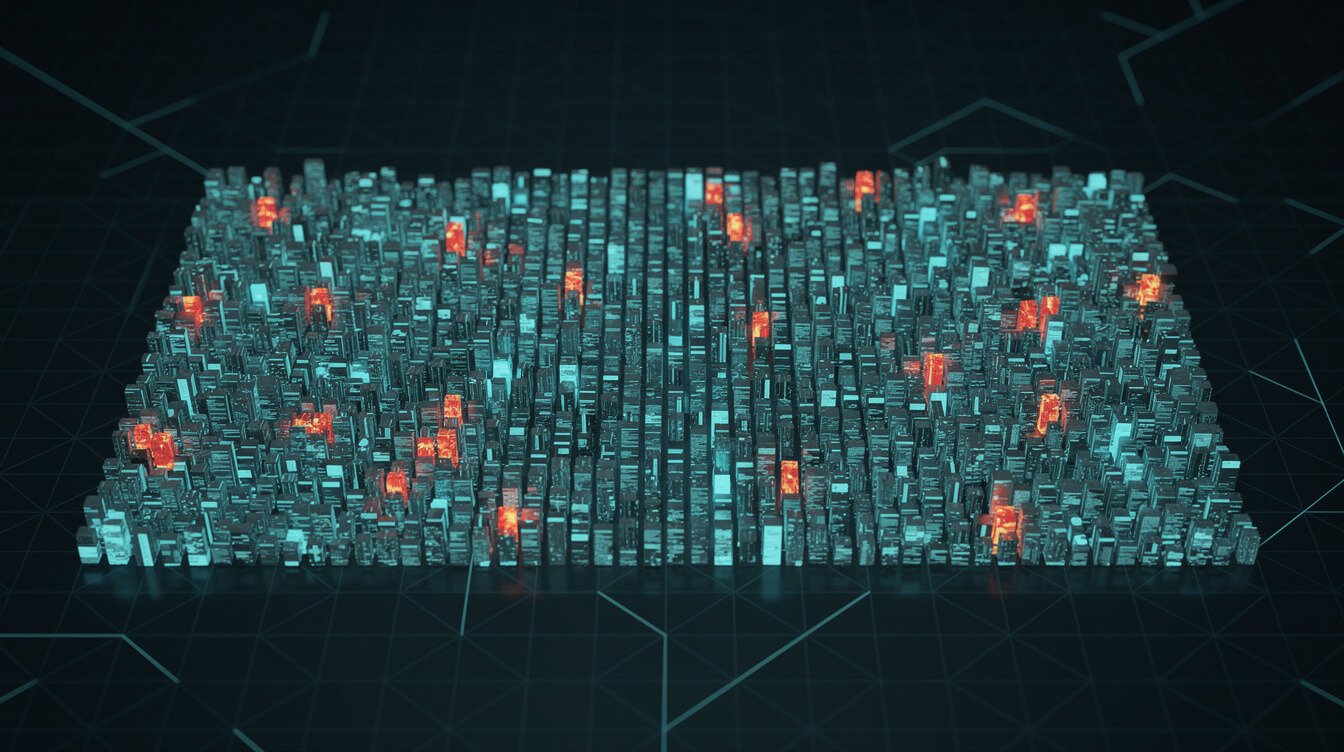 1,321 agent run logs visualised as a grid, with hard failures highlighted in red