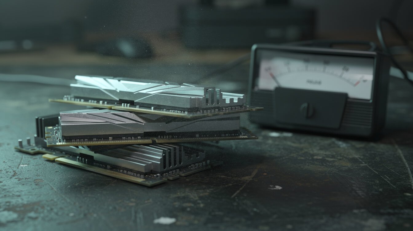 Memory modules and a GPU beside an electricity meter representing local AI running costs