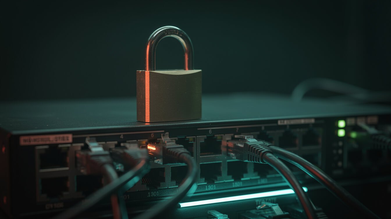An open padlock on a network switch representing insecure container defaults