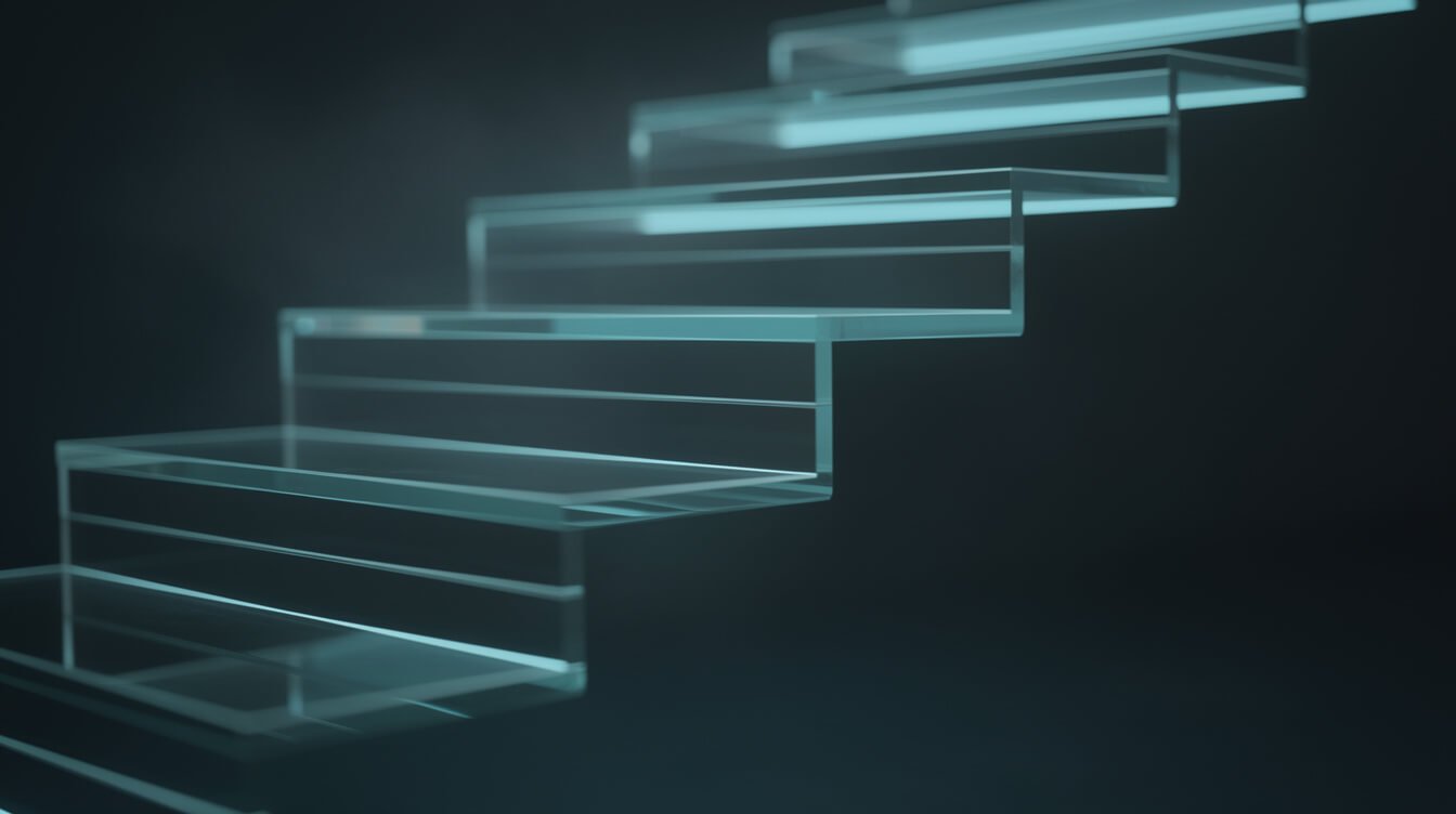 The AI coding agent autonomy ladder, glass steps rising into the dark