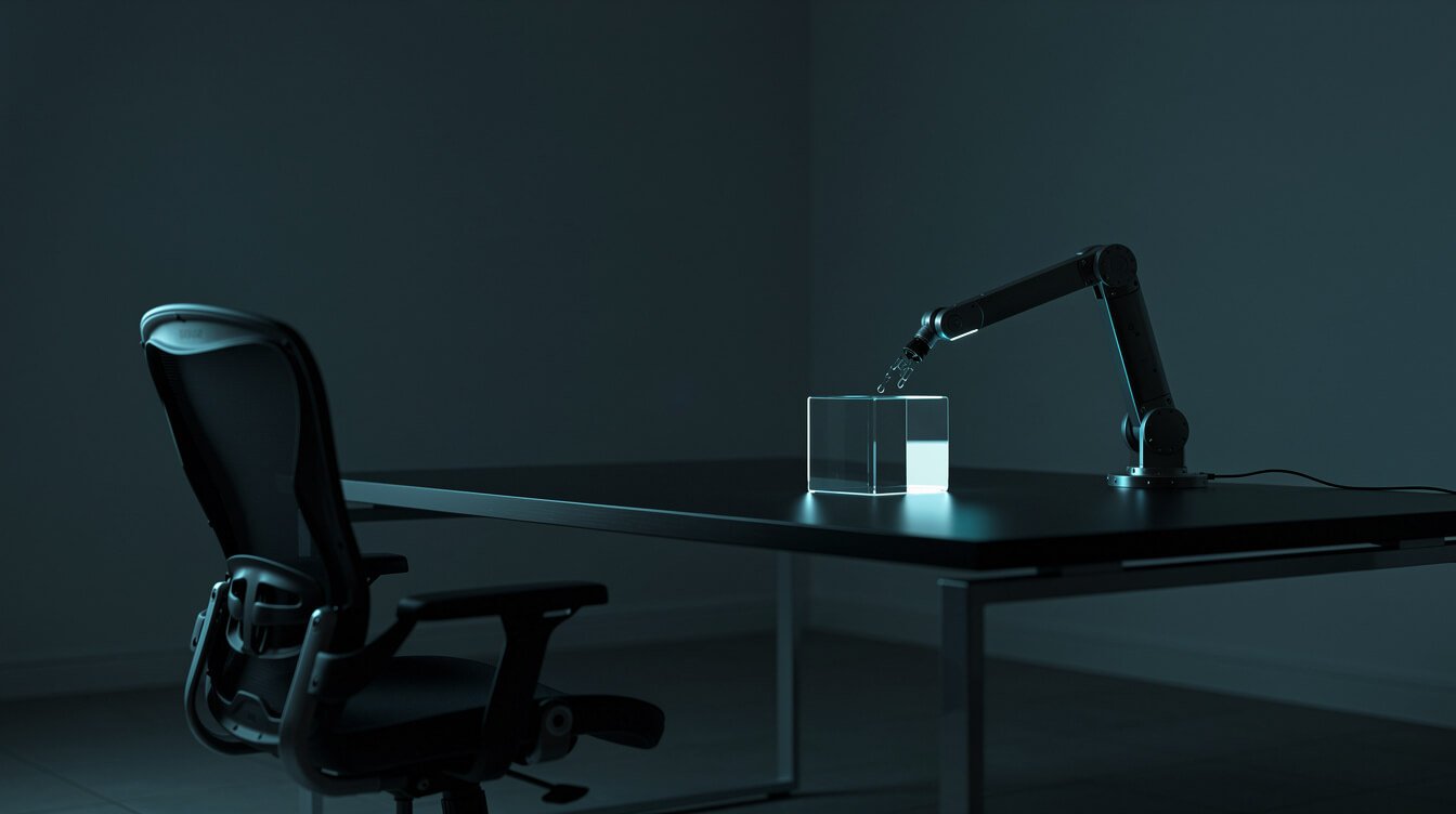 An empty office chair while a robotic arm works alone at night