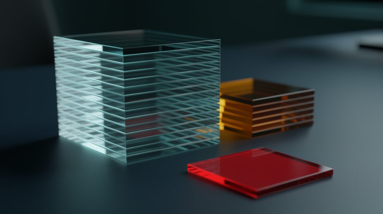 A tall stack of clear tiles beside a few amber tiles and one red tile