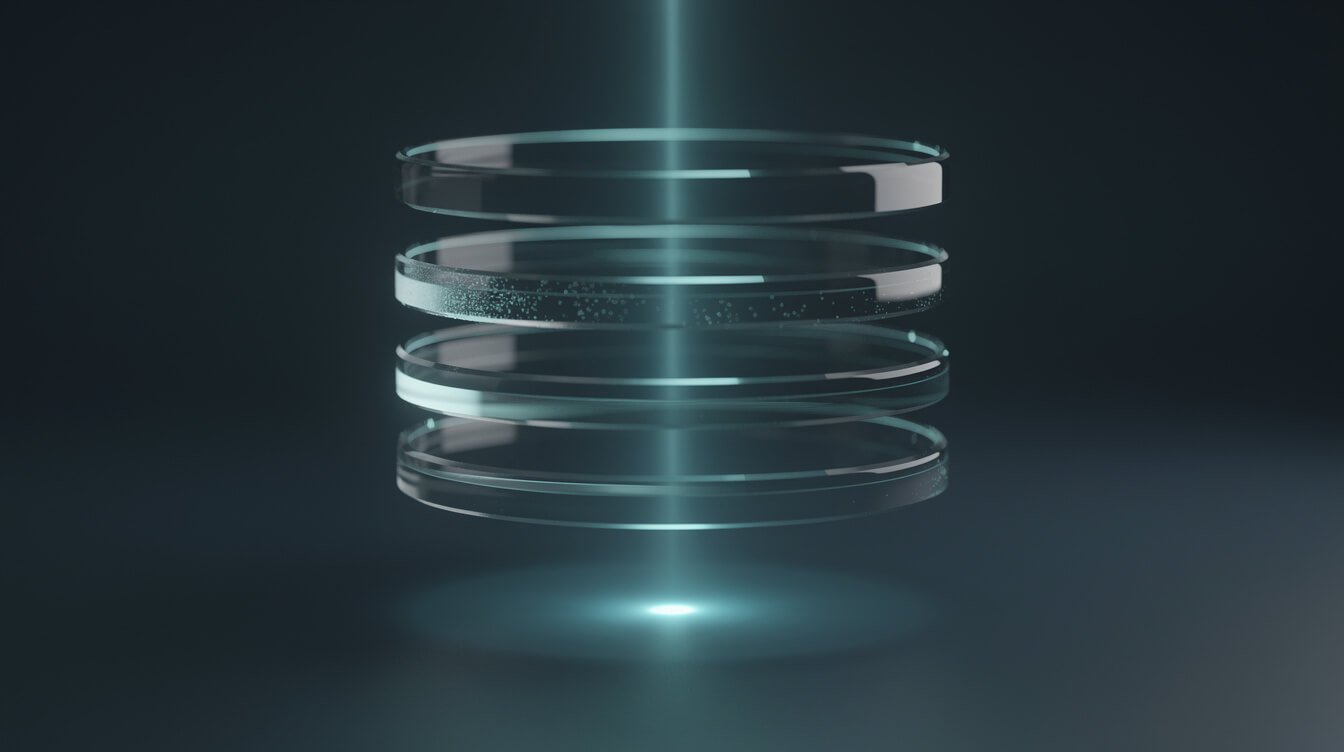 A beam of light passing down through stacked glass filter disks