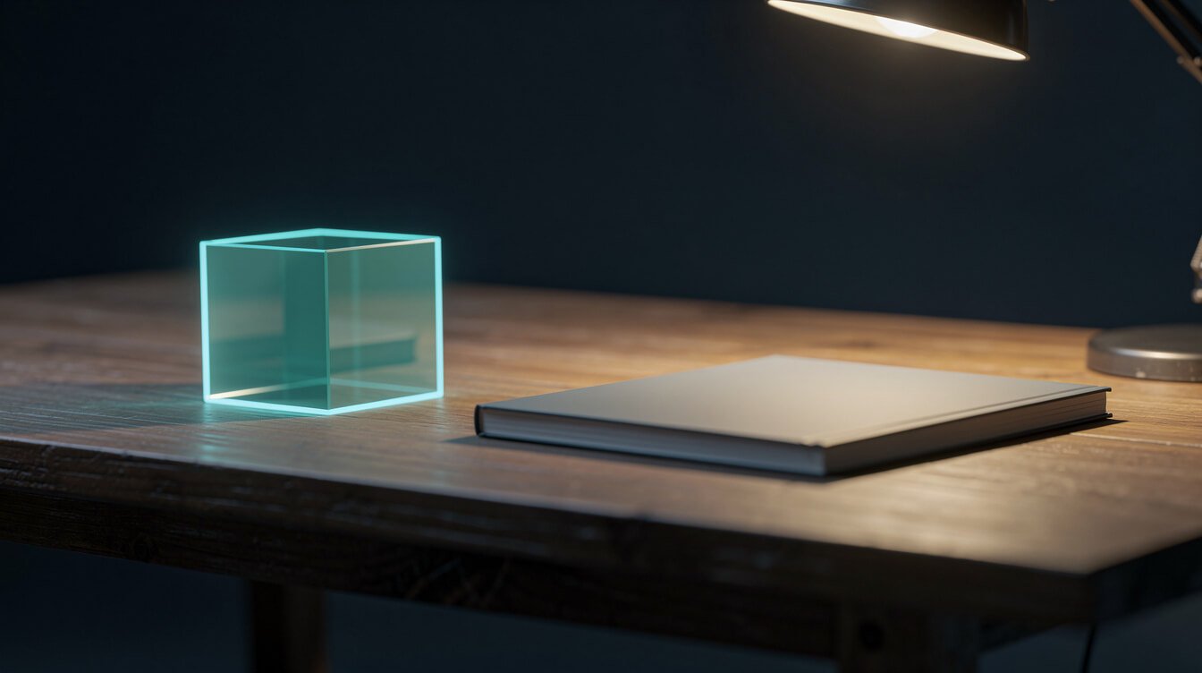 A closed notebook and a glowing teal cube on a wooden workbench