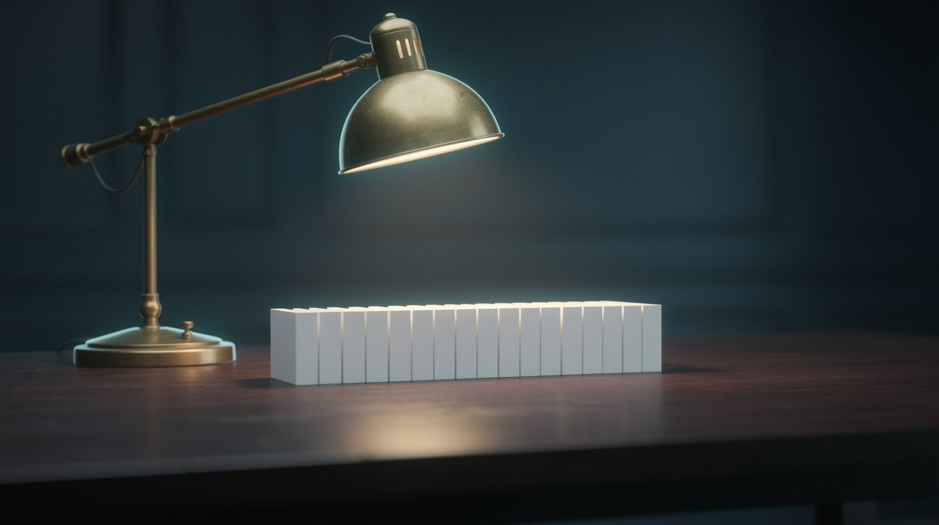 AI coding agent FAQ, a brass lamp over blank index cards