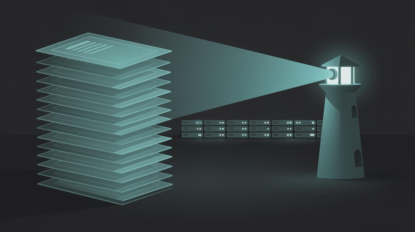 Stacked backup copies beside a watchdog lighthouse scanning a row of servers