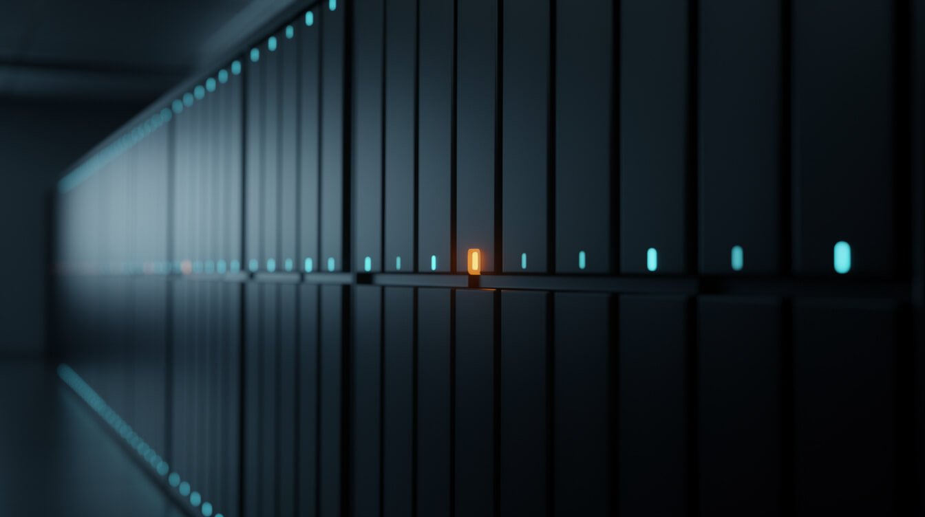 A rack of server units with cyan status lights and one amber light