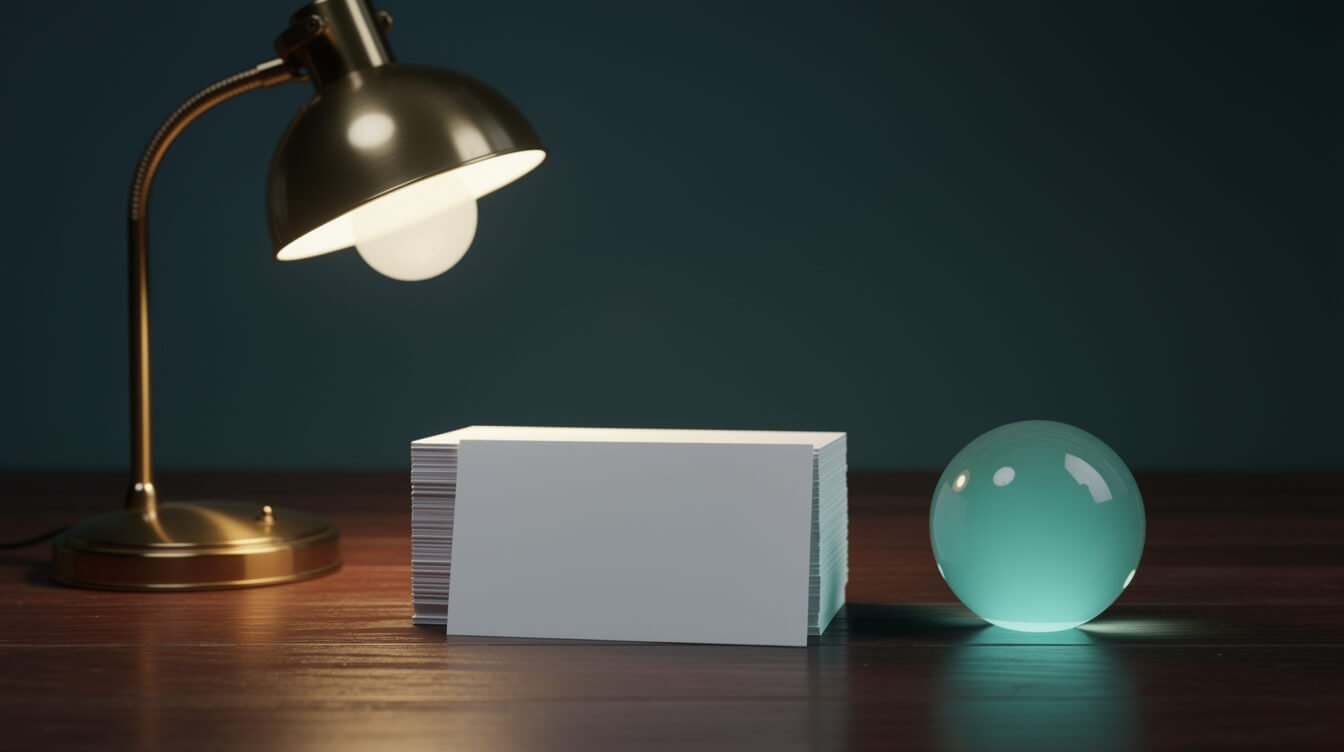 A desk lamp over blank cards beside a glowing teal sphere