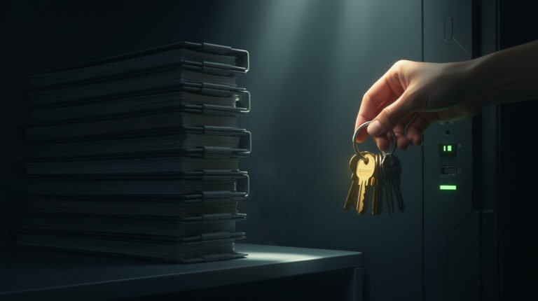 AI代理維護：伺服器面板旁，一手拿著一串鑰匙，旁邊是一疊未經翻閱的審查資料夾。