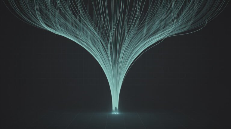 does ai content generate leads: wide funnel of teal data streams narrowing to three points of light