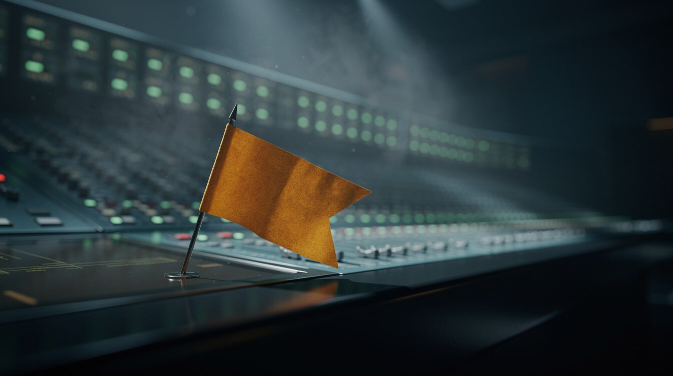 A lone amber marker flag pinned to a dark broadcast console, with a long row of already-illuminated green signal lamps receding behind it