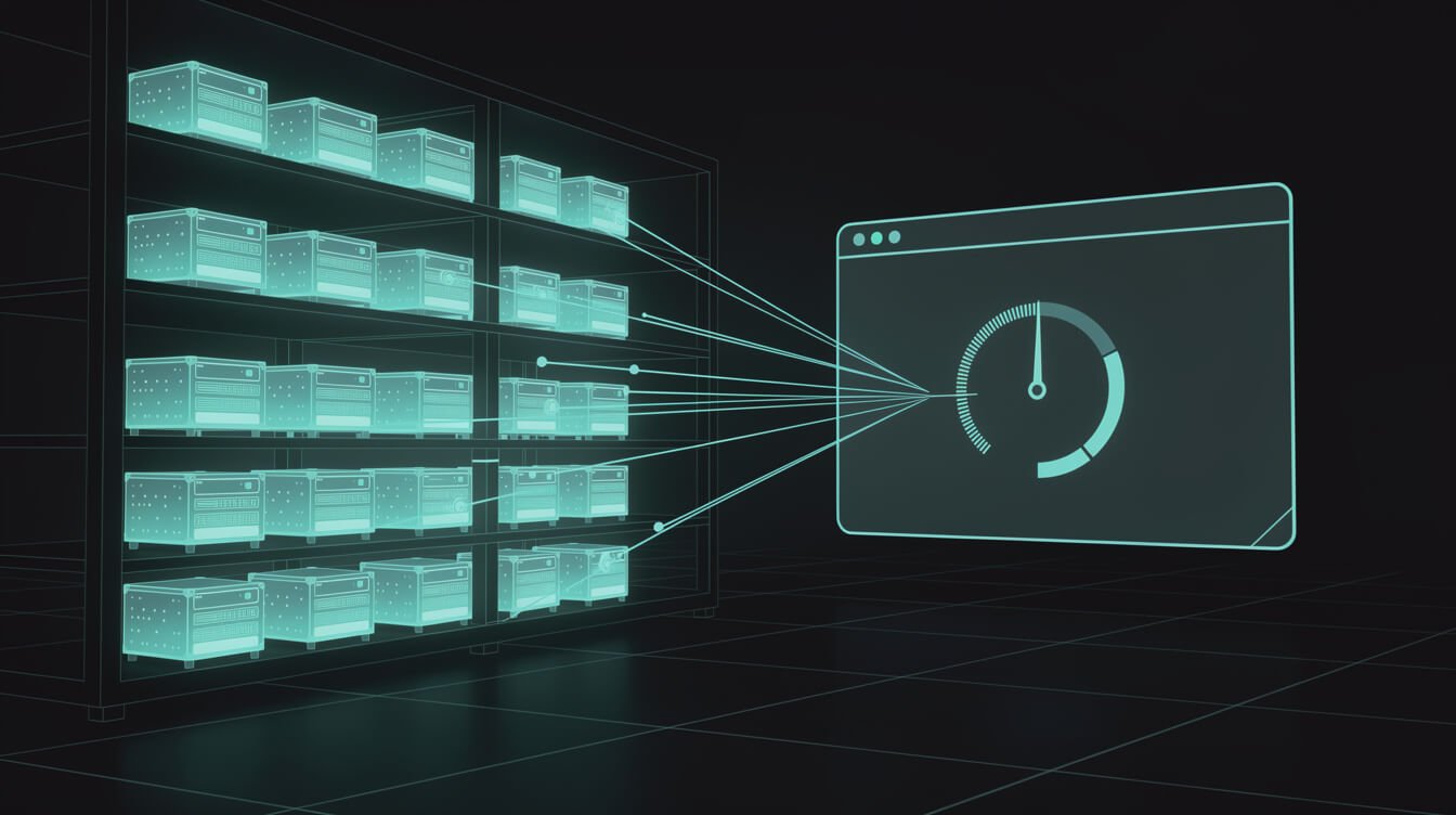 A rack of agent containers connected to one terminal, representing the running cost of an agent fleet