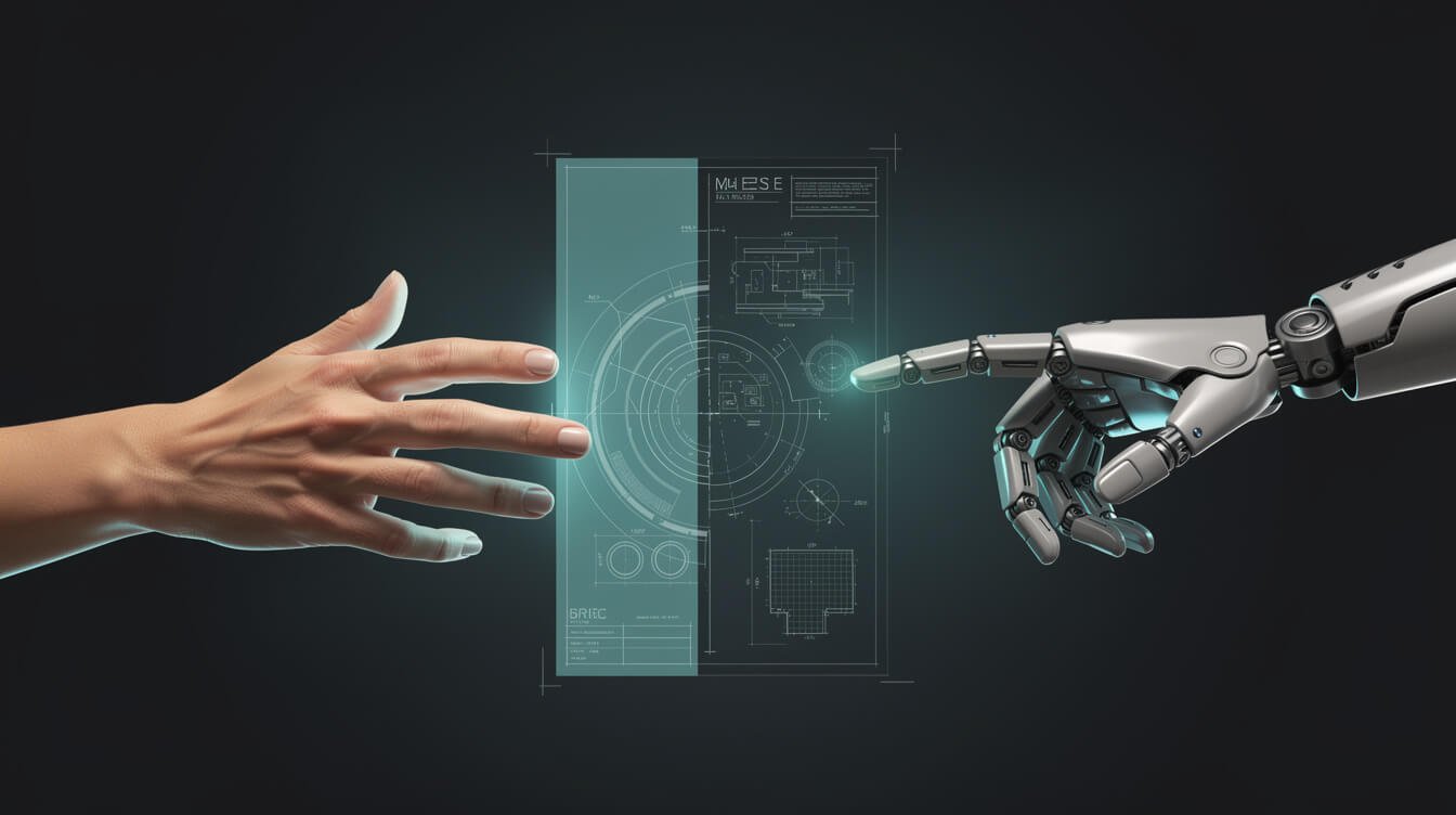A human hand and a robotic hand working on the same blueprint, showing when to hire a human AI developer