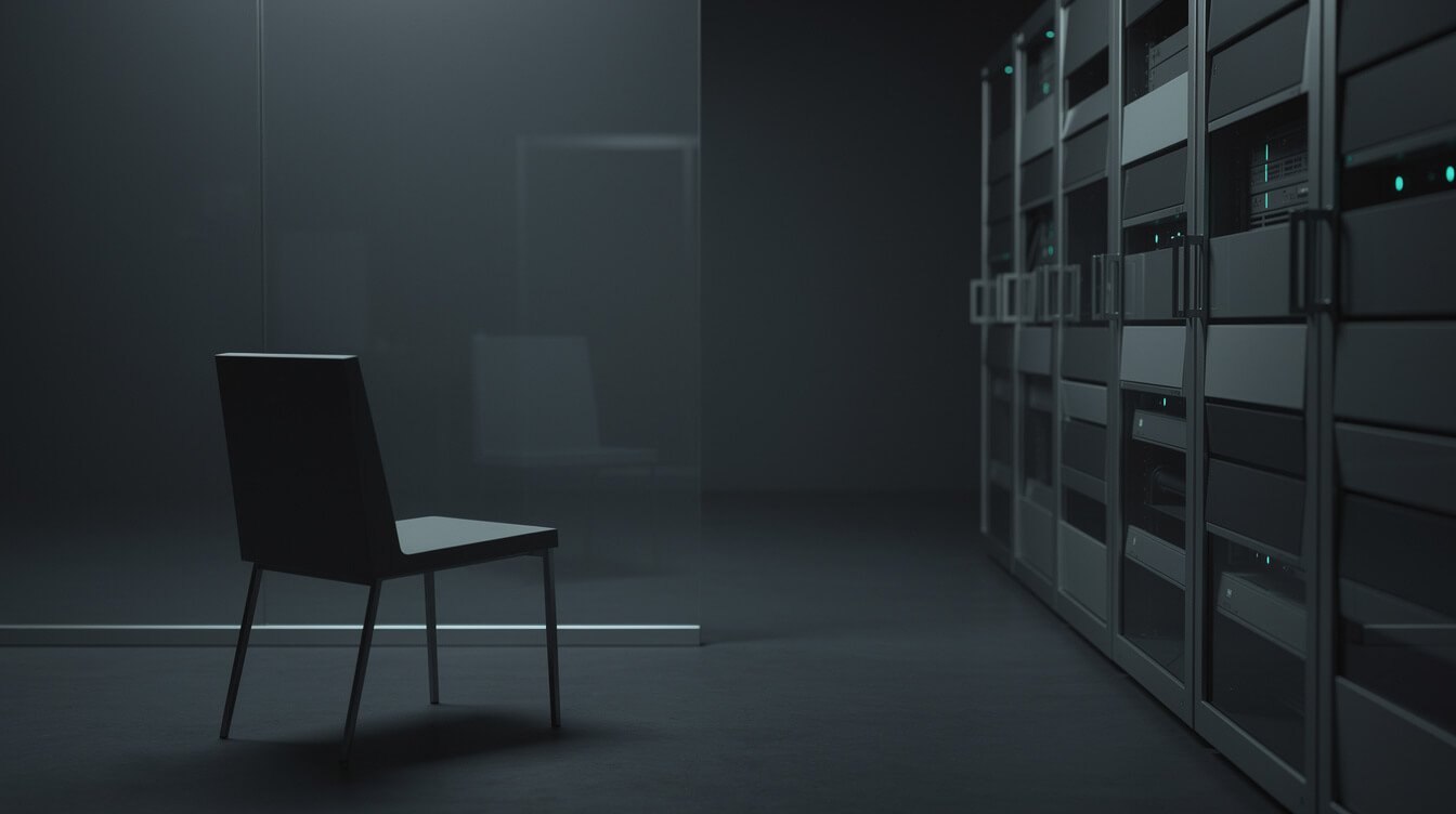 Screen or cron job: an empty chair facing one panel while machines run alone