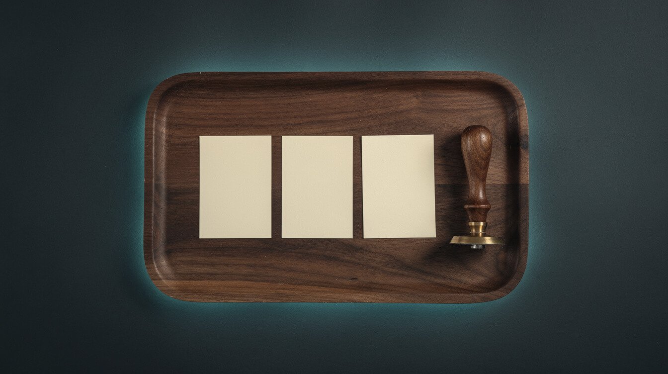 An approval tray with three blank cards and a brass stamp