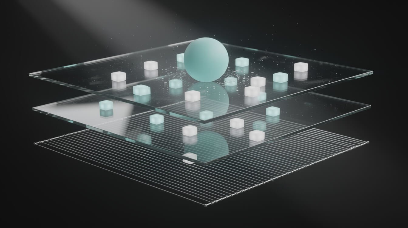 Layered glass panes showing an API layer, a tool layer and an MCP layer stacked on top