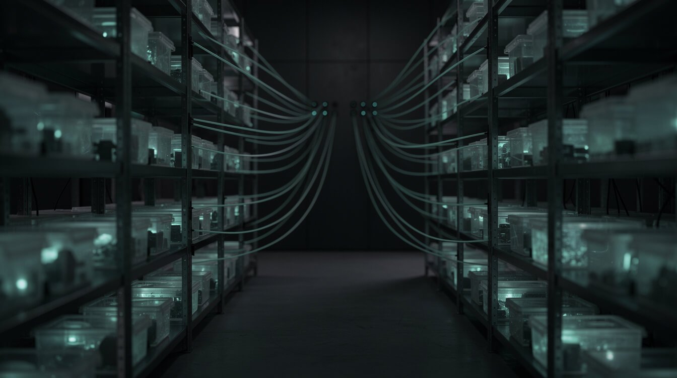 Server shelves of small agent containers wired straight to the wall, no adapter in between