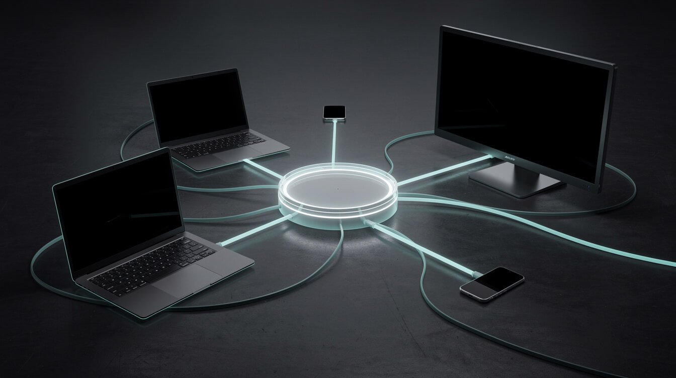 One adapter hub connecting several AI apps on different devices