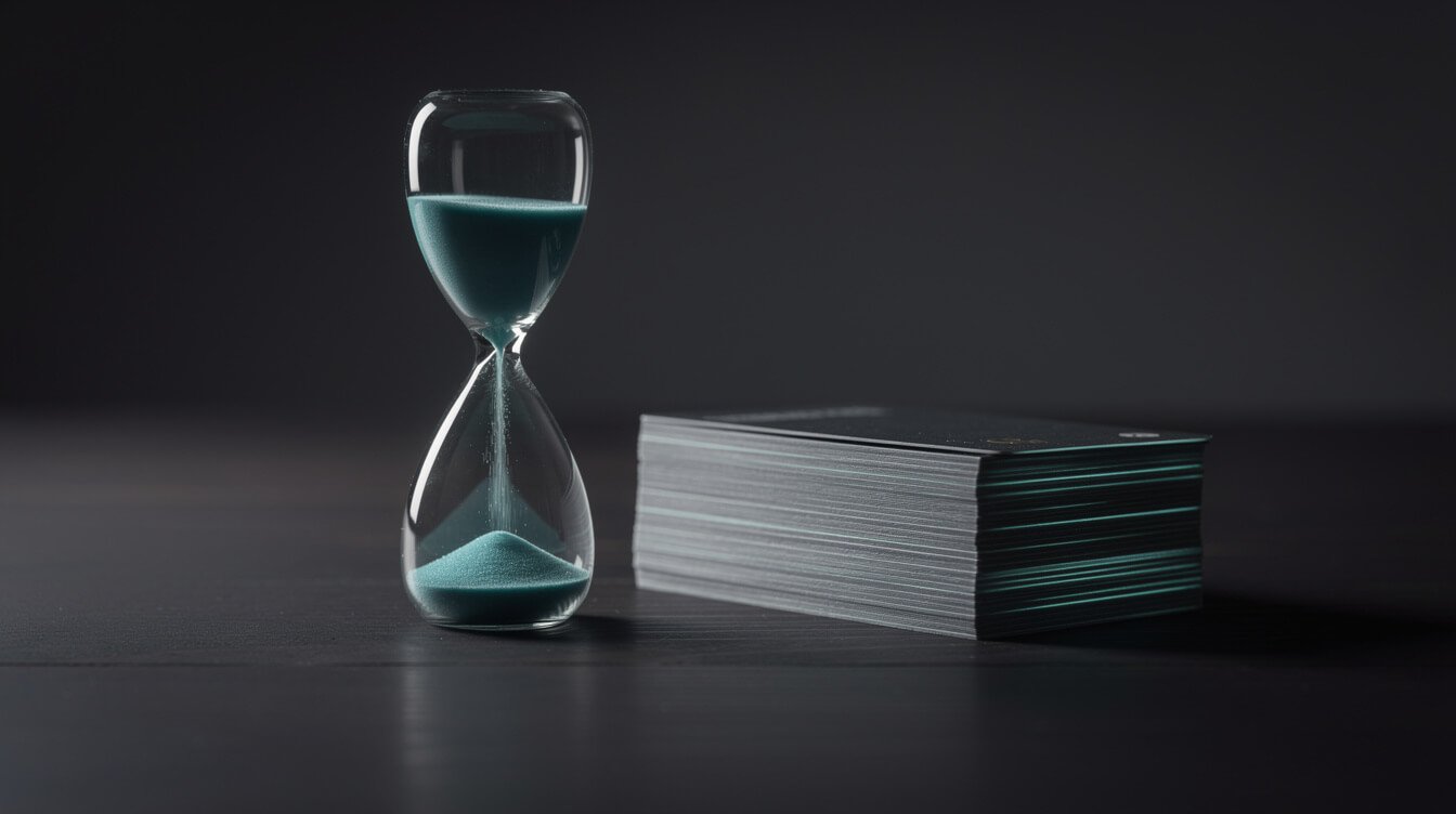 An hourglass beside a stack of cards, the context cost of a long tool menu