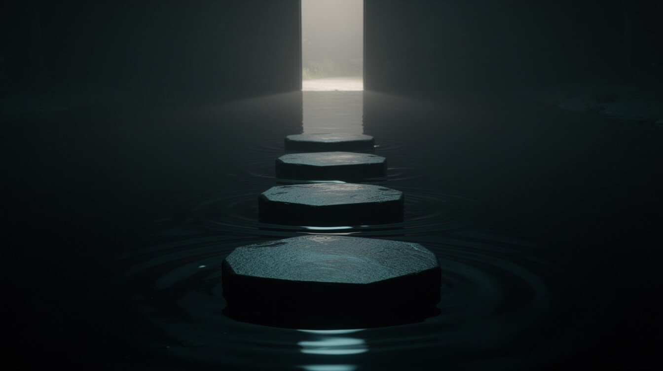 Stepping stones across a dark pond toward a lit doorway, a four-step decision path